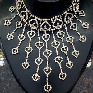 Rhinestone Heart Drop Down Bib Choker Necklace